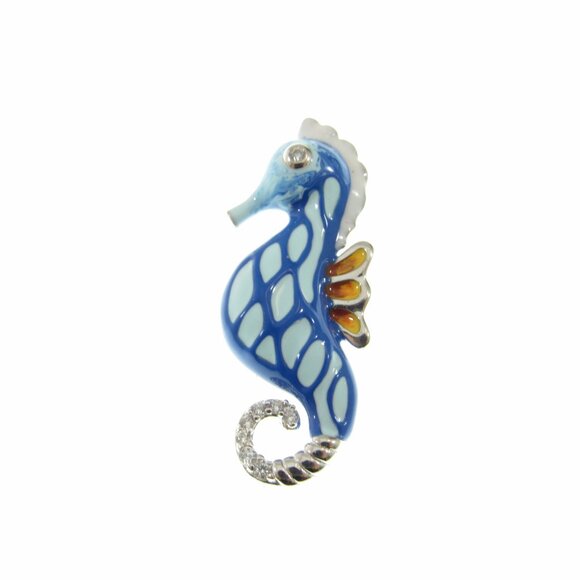 Solid 925 Sterling Silver & Blue and White Enamel Seahorse Slide Pendant - Picture 7 of 8